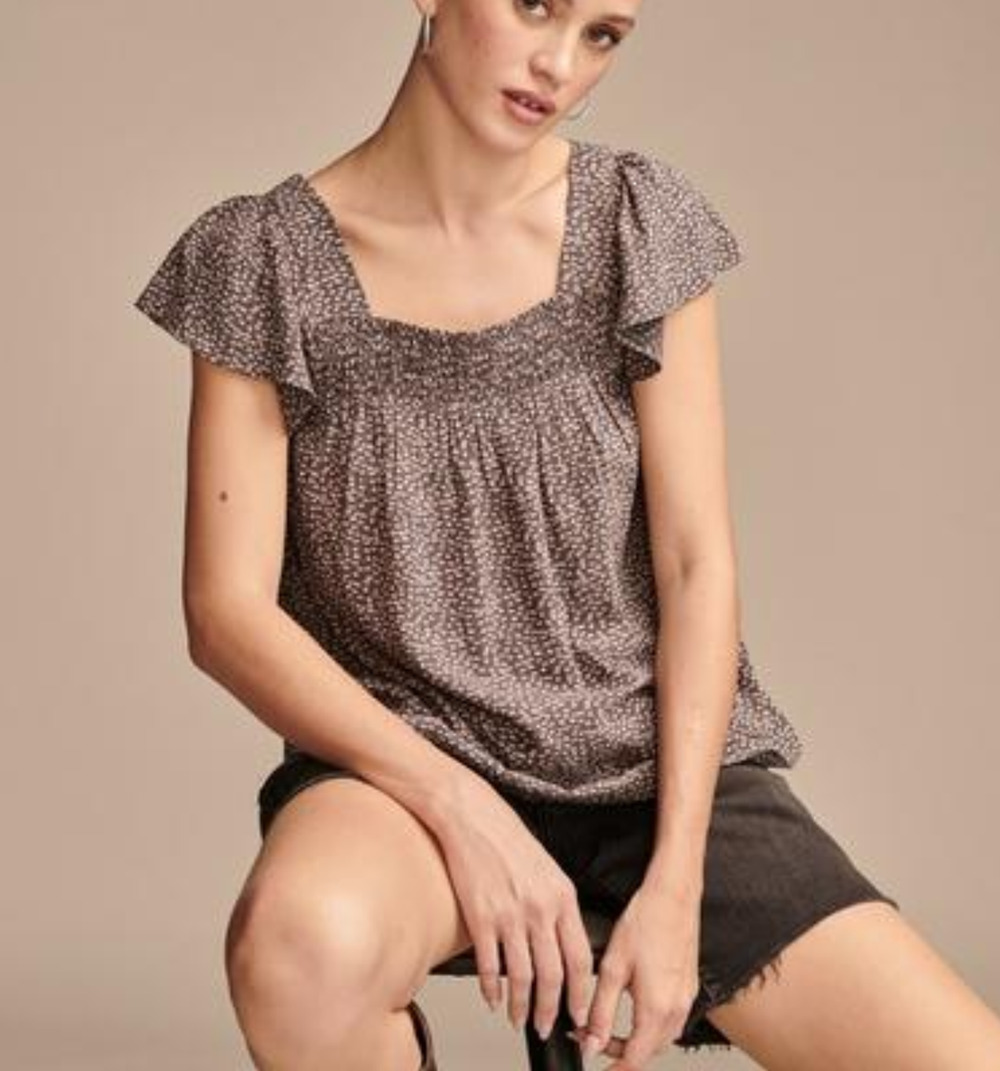 Lucky Brand Women Smocked Neck Flutter Sleeve Top Raven Multi Size 2XL